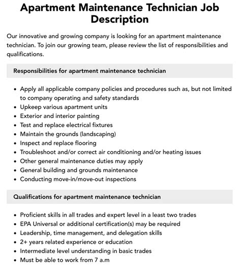 Apartment Maintenance Tech Job Description