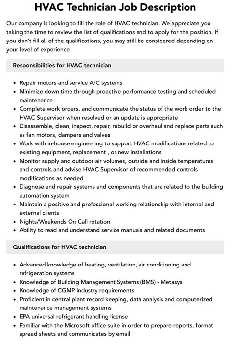 Hvac Technician Job Description And Responsibilities