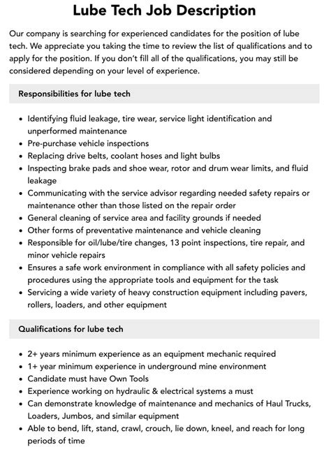 Lube Tech Job Description: 7 Key Responsibilities