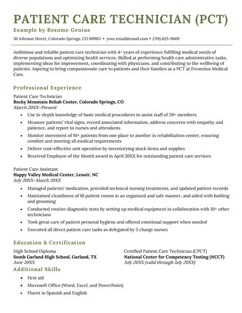 Patient Care Technician Job Description For Resume